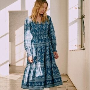 Sezane x Sea New York Blandine Blue Floral Long Sleeve Midi Dress Size 42/US 10